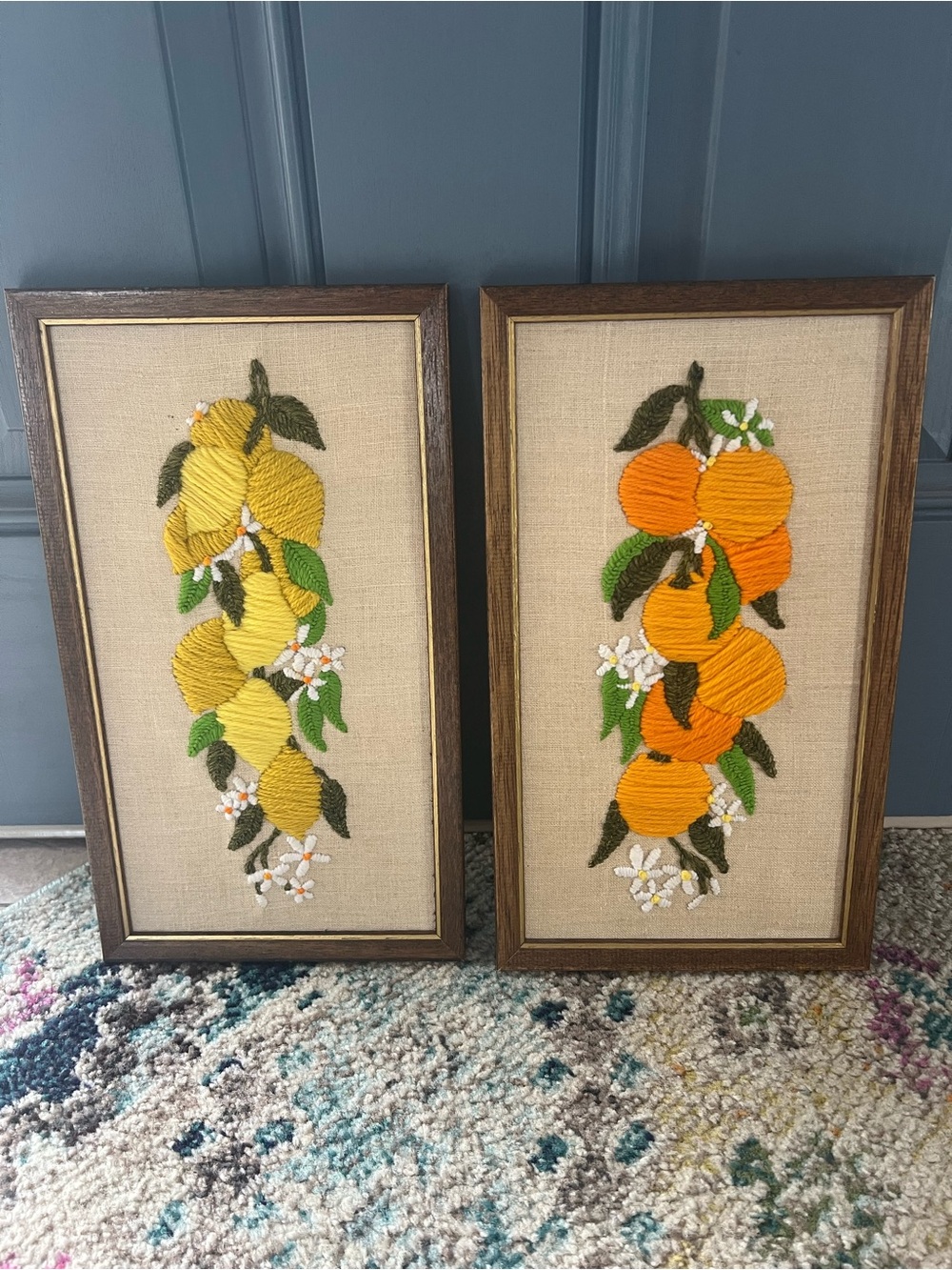 Vintage Pair of Crewel Citrus Fruit Wall Art - Lemons & Oranges